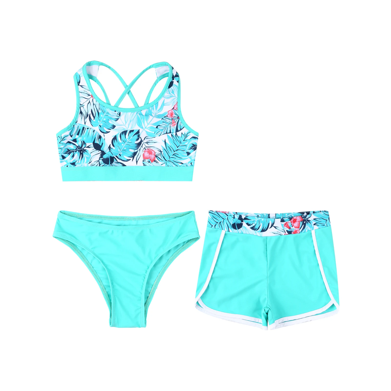 Kids Girls 3 Pieces Tankini Set Floral Print Criss Cross Back Crop Tops with Boyshort Bottoms Beach Sport Swimwear Bathing Suit