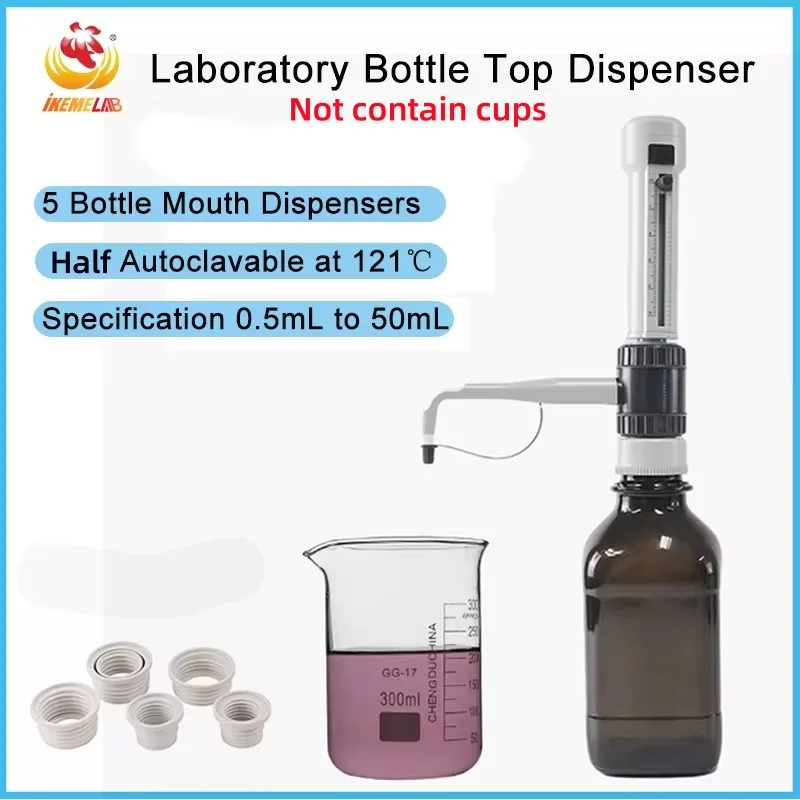 IKEME 0.5-50ml Bottle Top Dispenser Lab Liquid Handling Adjustable Half-Autoclavable Volume Bottle Dispenser No Bring bottle