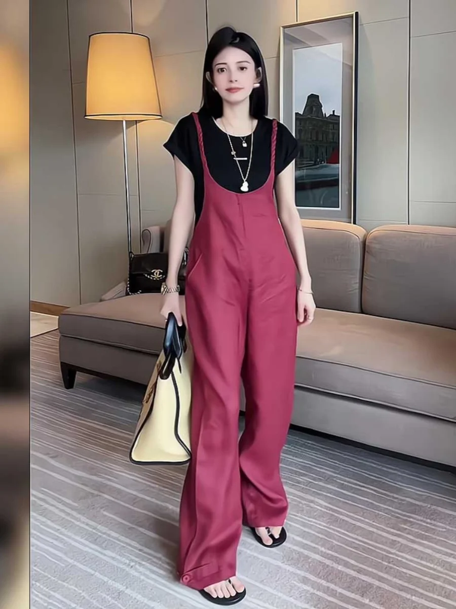 

Wine Red Color Women's Summer New Sle Faionable And Ele One-Piece Pants High Waist Wide Leg Commuter Sle Polyester ...