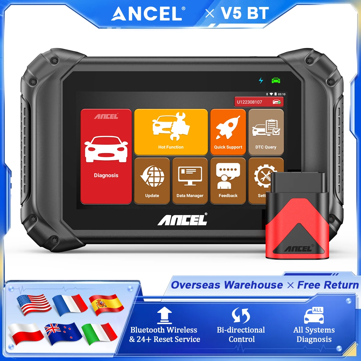 

ANCEL V5 BT OBD2 Scanner Automotive Bidirectional Scan Tool Full System TPMS 15+Reset Bluetooth Wireless Car Diagnostic Tools