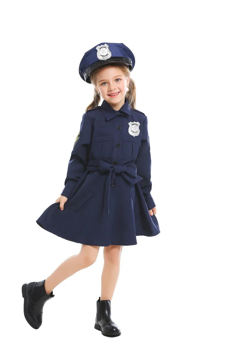Child Girls Police Uniform Costume Kids Halloween Cosplay Deluxe Police Dress Children Dress Up Cool Career Outfits Suits