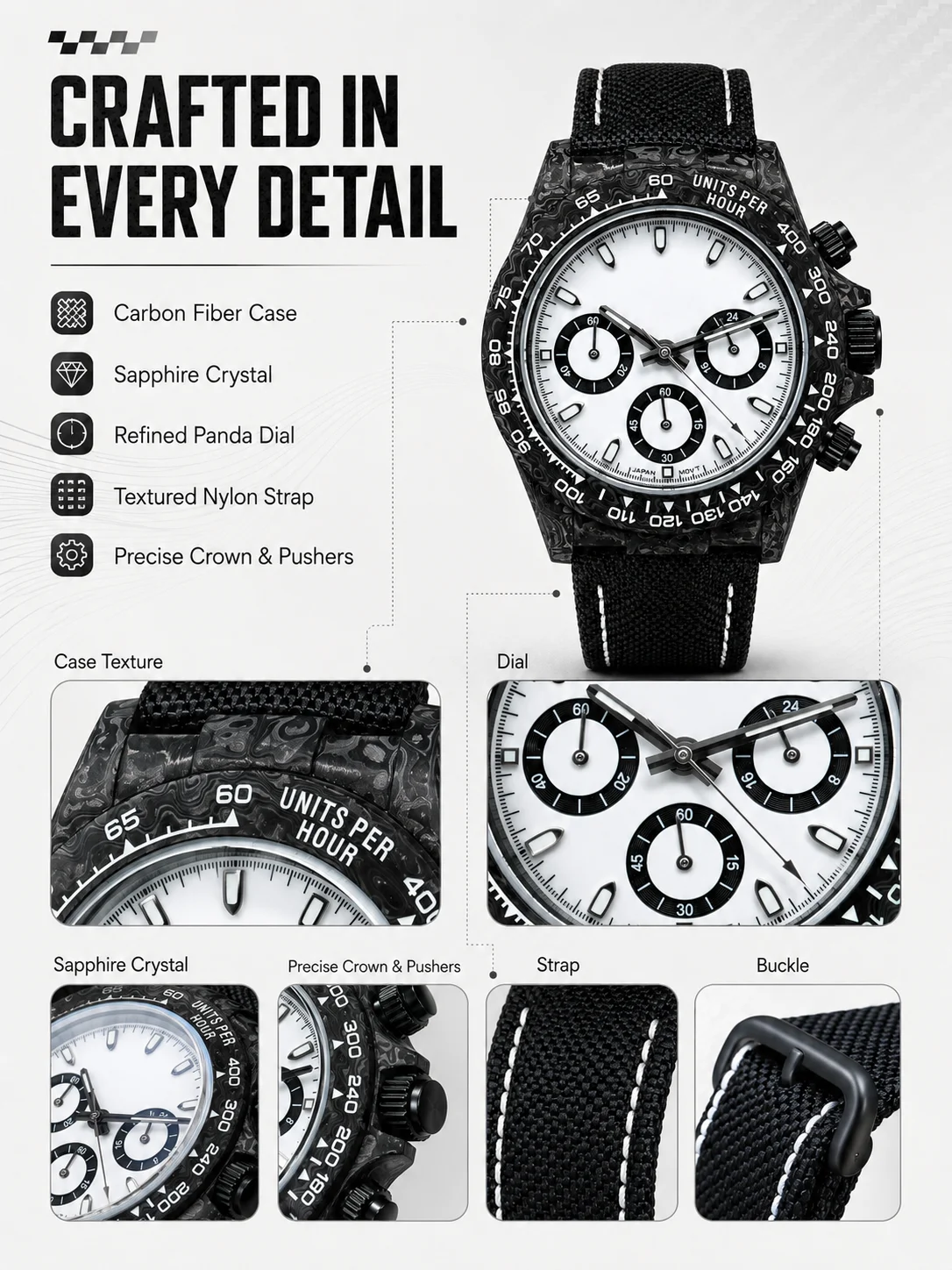 Benutzerdefiniertes Logo Carbonfaser-Chronographenuhr 39mm VK63 Meca Quarz Saphirglas Private Label Rennuhr – Detail 5