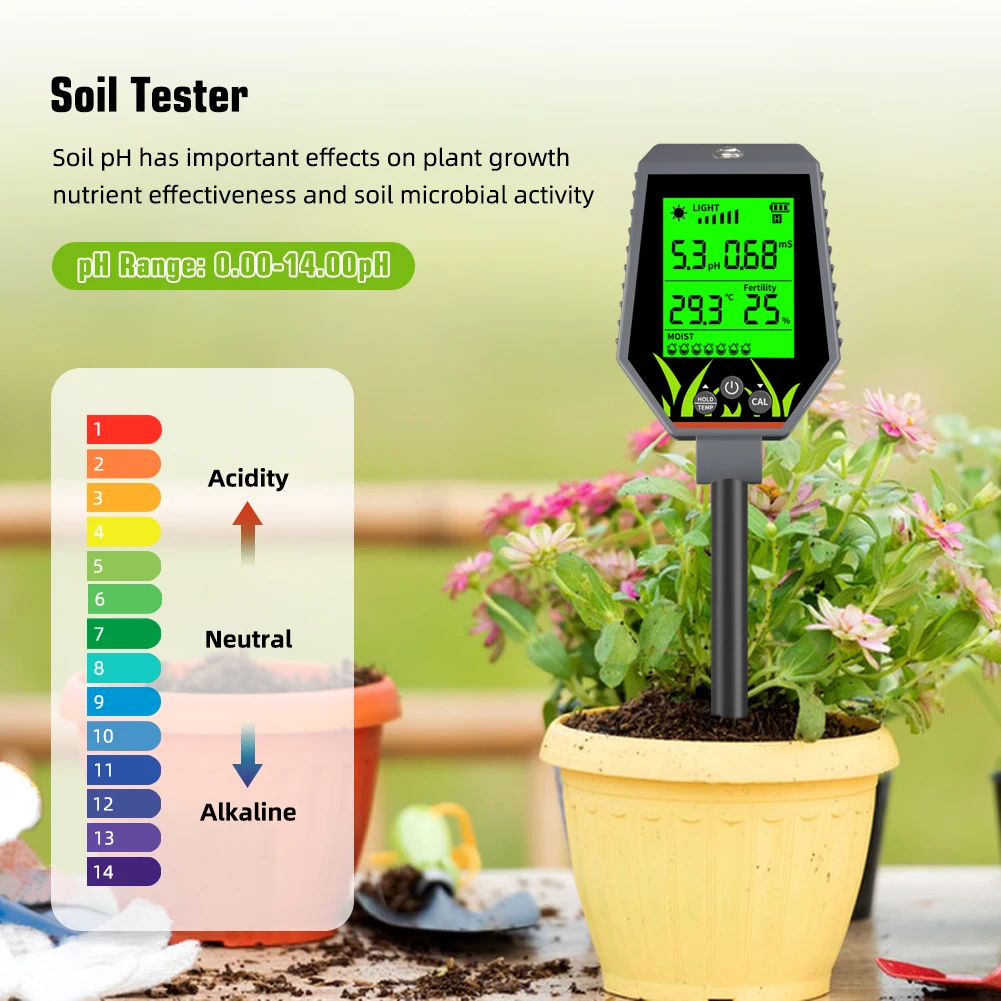 Yieryi Soil Tester High Accuracy 6-in-1 PH Meter Digital Plant Moisture Sensor Hygrometer Hydroponic Nutrient Test for Gardening