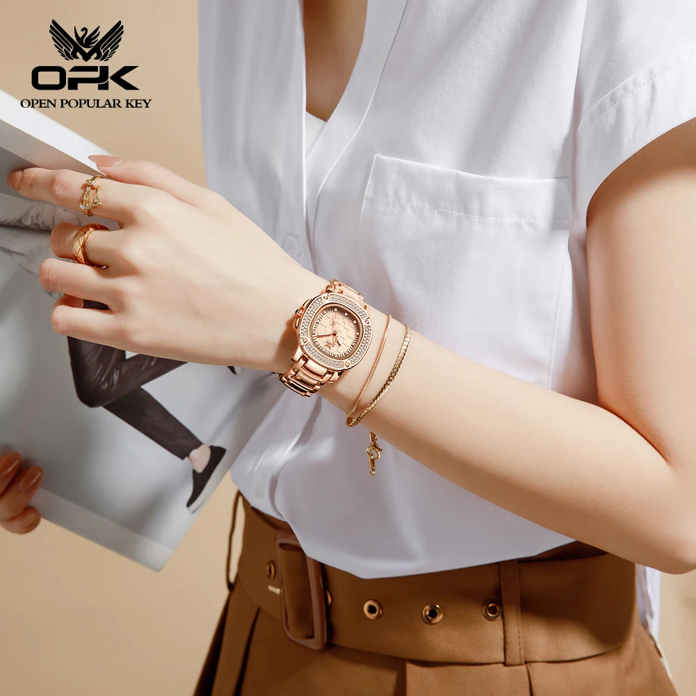 OPK 6084 Elegance Women Quartz Watch Diamond Square Dial HD Night Vision Deep Blue Crown Luminous Function Waterproof Watch