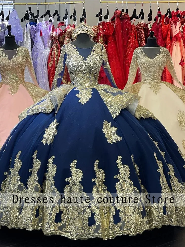 Luxe Roze Kant Gold Applicaties Quinceanera Jurken 2023 Pearl Lange Mouwen Ruches Zoete 15 Jurk Vestidos De Quinceañera