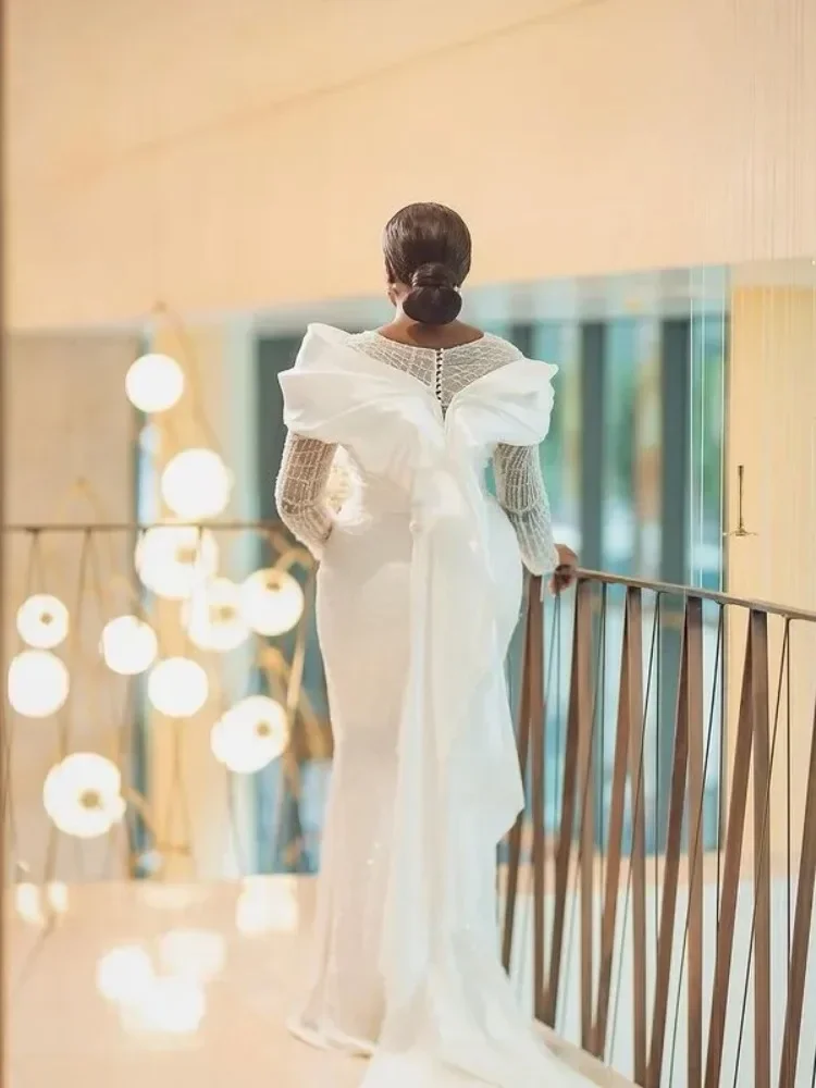 Flavinke Customized African Mermaid Wedding Dresses Long Sleeves Lace Women Shiny Bridal Gowns For Black Girls vestidos de novia