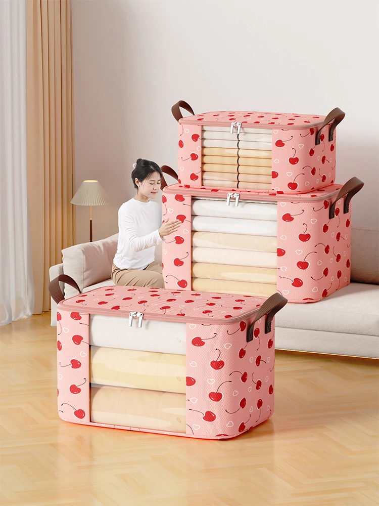 1PC large capacity storage bag for organizing bedroom wardrobe dormitory clothes quilt storage bag closet organizer Pink