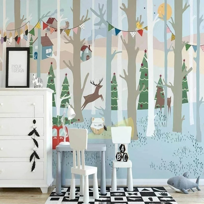 MU8743 Nordic Instagram hand-drawn cartoon forest deer cute house children's room background wall