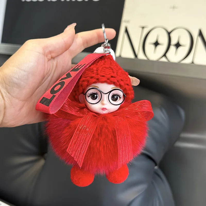 Lindo Mini llavero con pompón, colgante creativo de muñeco de piel de zorro a la moda para mujer, bolso, llavero de coche, regalo para niña, llavero de felpa bonito