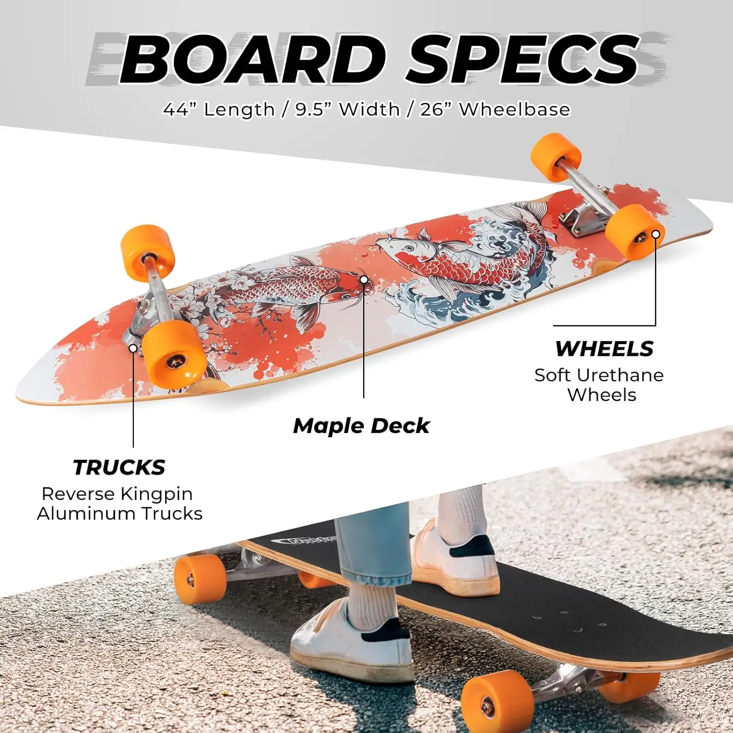 Longboard Skateboard Complete with T-Tool for Commuting, Carving & Downhill Riding, Suitable for All Ages