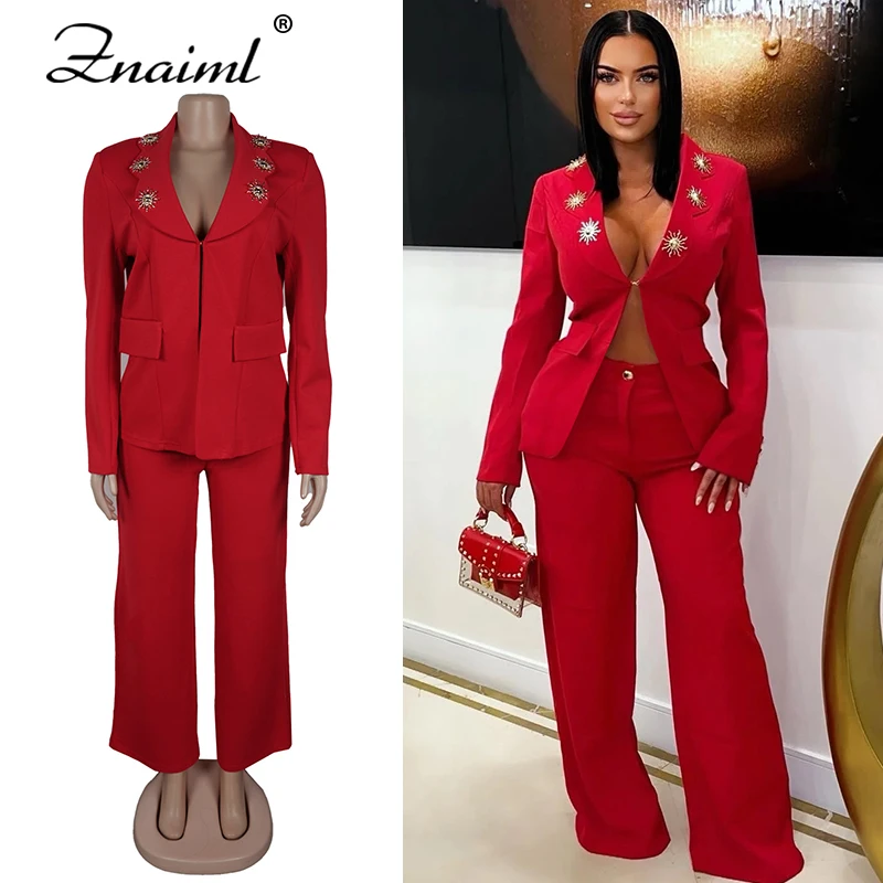 

Znaiml Elegant Office Women Set Red Long Sleeves Deep V-neck Blazer Coat and Straight Leg Pants Two Pieces Casual Fall Outfits