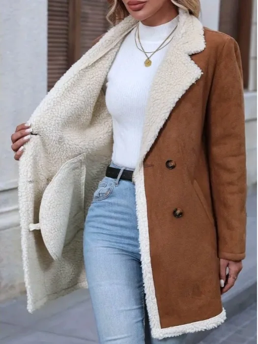 

Ladies Suede Coat Casual Turn-down Collar Mid-length Warm Woolen Outerwear Faionable Autumn Winter New Arrival Korean Sle