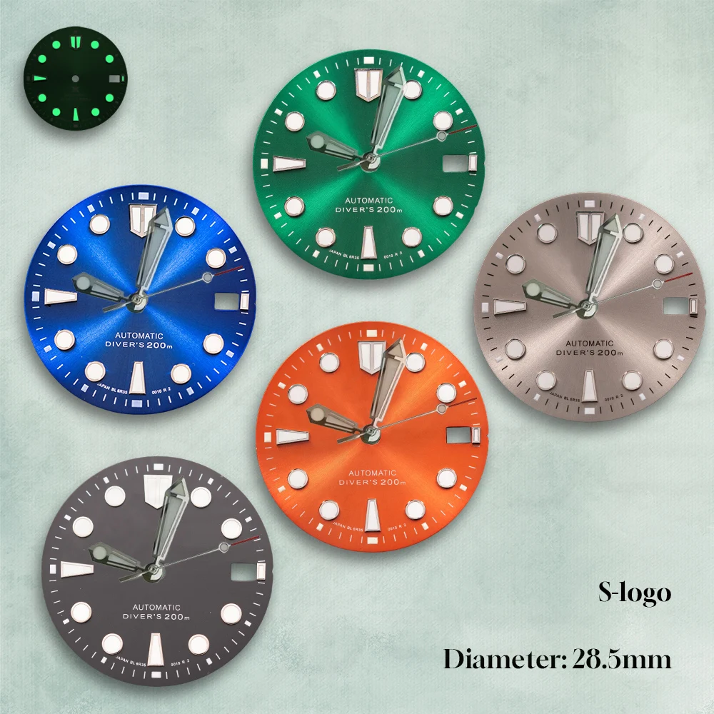 

Sunburst Diver‘s Dial 28.5mm Compatible with NH35 NH36 4R Movements | S Logo & Green Luminous - Watch Modification Accessories