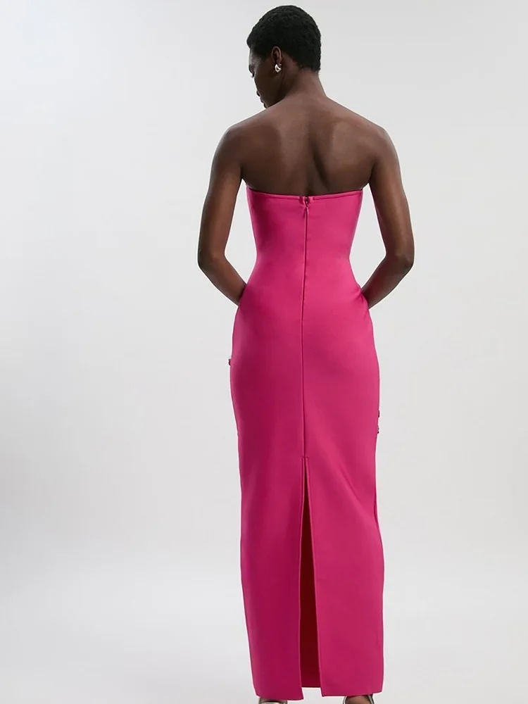 VC Evening Glamour Hot Pink Strapless Backless Maxi Dress with Beaded Florals for Party Date Night Gala Gown