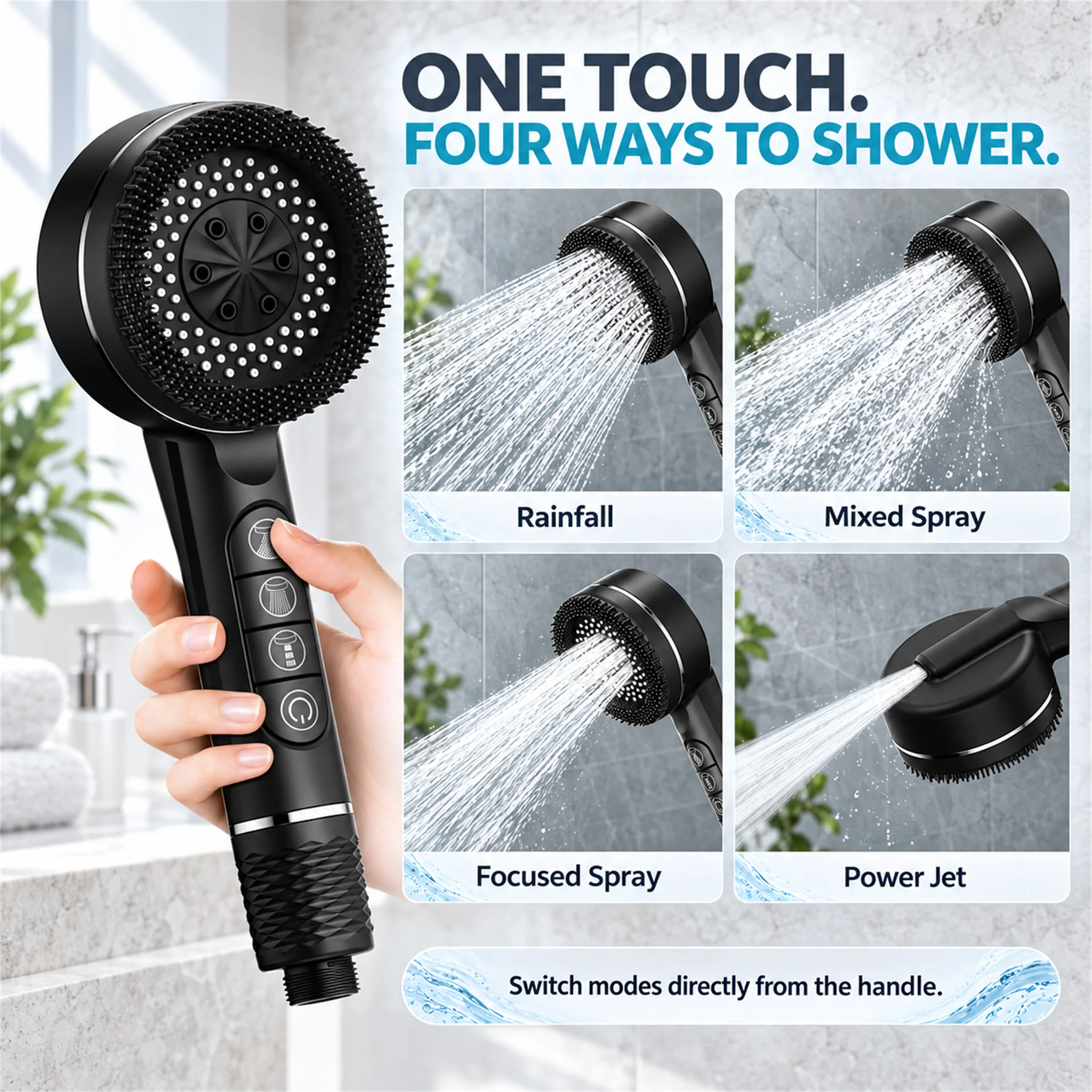 Blossom Handheld Shower Head High‑pressure Shower Sprayer 4 Mode Mixed Rain Pulse Jet Spray 1/2 Inch Universal Thread Connection