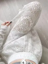 레이스 속이 빈 흰색 넓은 다리 바지 여름 여성 의류 Y2k streetwear 하이 웨스트 캐주얼 바지 미학 하라주쿠 바지