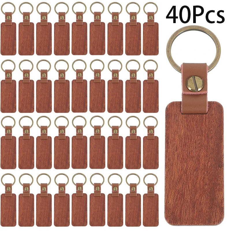 

40Pcs Blanks Wooden Keychain Wood Tags Unfinished Blanks Wood Keychain with Leather Strap Keyring for DIY Crafts