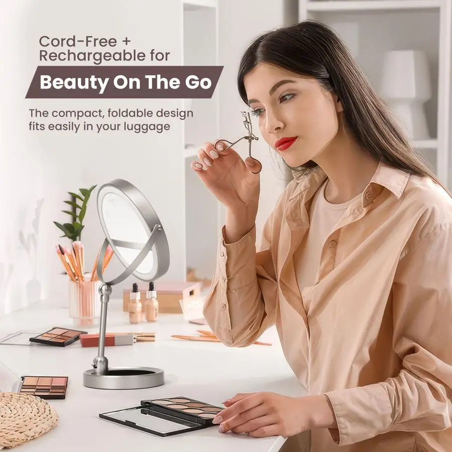 Miroir de maquillage à 9 lumières LED, rechargeable, miroir de courtoisie grossissant 1X 10X avec 3 lumières de couleur, hauteur réglable, grand haut 360