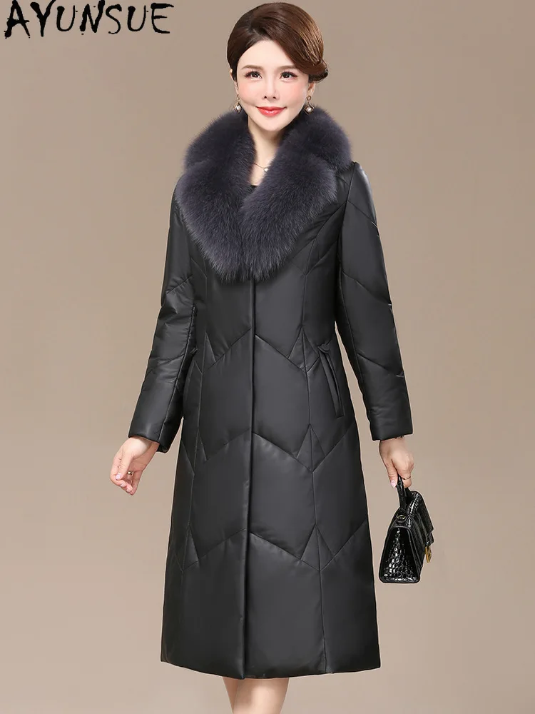 AYUNSUE Rea Schaffell Echtes Leder Unten Jacke Frauen Winter Kleidung 2025, Fuchs Pelz Kragen Weiße Ente Unten Mäntel Jaqueta Couro