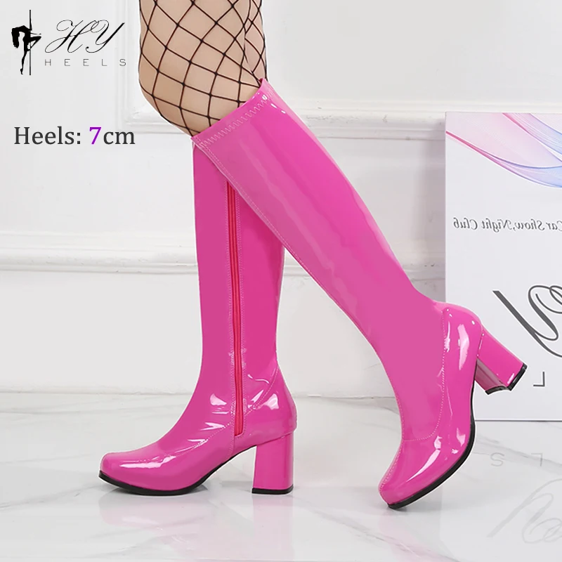 Nowe mody Chunky Heel 60s 70s GOGO buty kobiety kolana wysokie rozruchu Sexy Shining PU skórzane buty ue stylu zachodnim