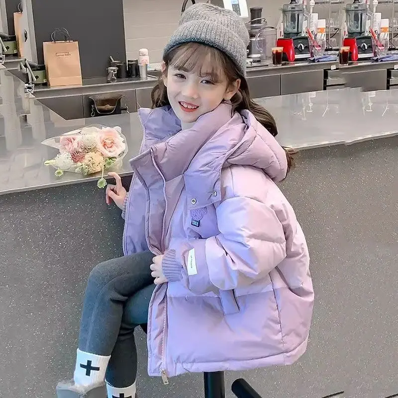 

Girls' Faux Fur Lined Thickened Winter Coat Stylish Hooded Cotton Padded Jacket for Kids Warmth Quilted Cotton Coat with Hood