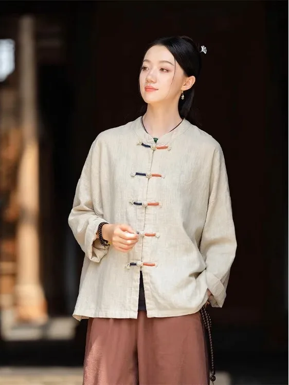 

New Chinese Sle Women's Spring Autumn Cotton Linen Tai Chi irt with Buttoned Cardigan Set Loose Fit Long Sve Casual Wear