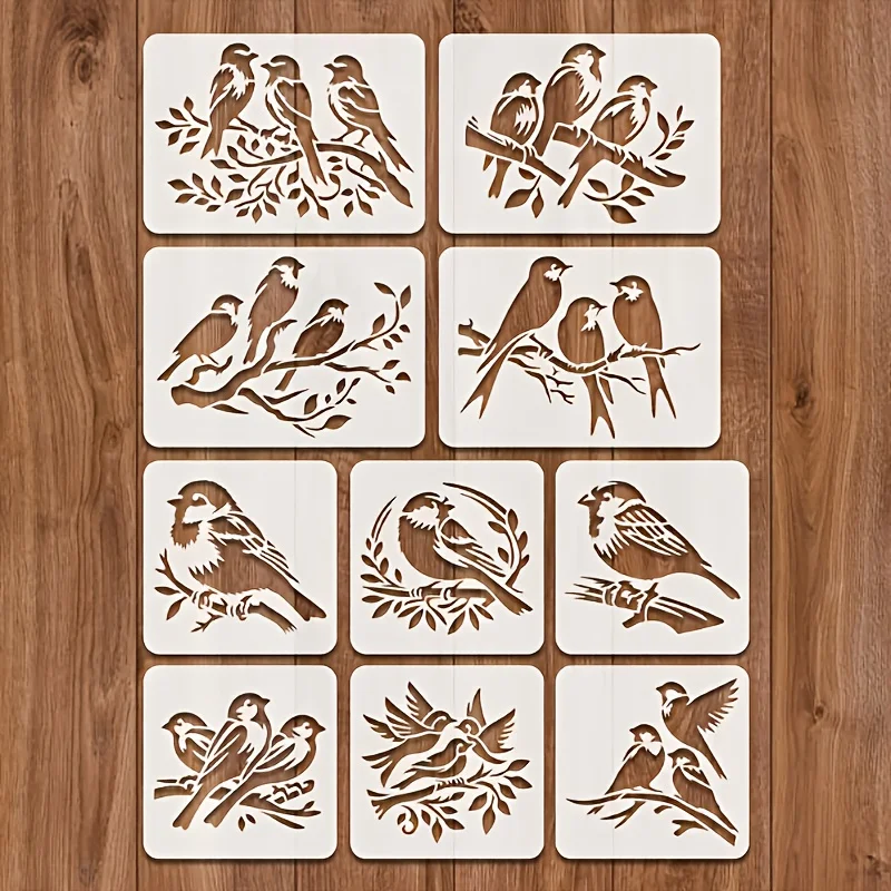 10 sets of PET craft bird painting templates-Reusable Hummingbird on Tree Branch Stencil for Card Making,Wall,Fabric,Furniture