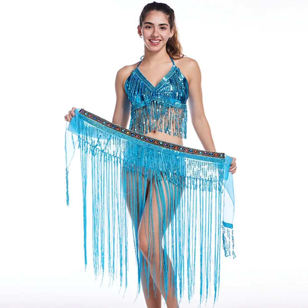 ชุดเต้นระบำหน้าท้อง ชุดแสดงบนเวที ชุดโบฮีเมียน ผ้าคาดเอวพู่ประดับเลื่อม สายคาดเอวสำหรับงานปาร์ตี้ เสื้อผ้าผู้หญิง
