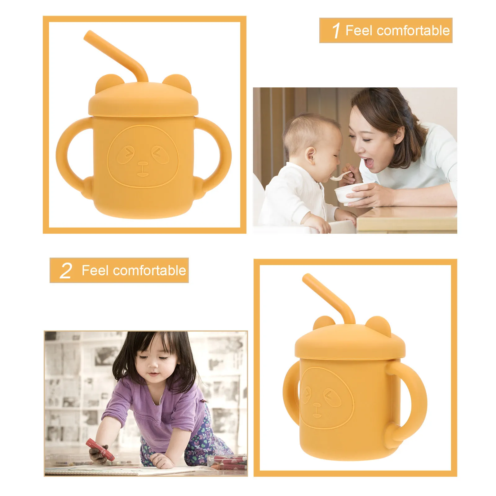 Kids Bear Shaped Silicone Straw Cup Baby Straw Cup Toddlers Training Water Drinking Bottle Resistant