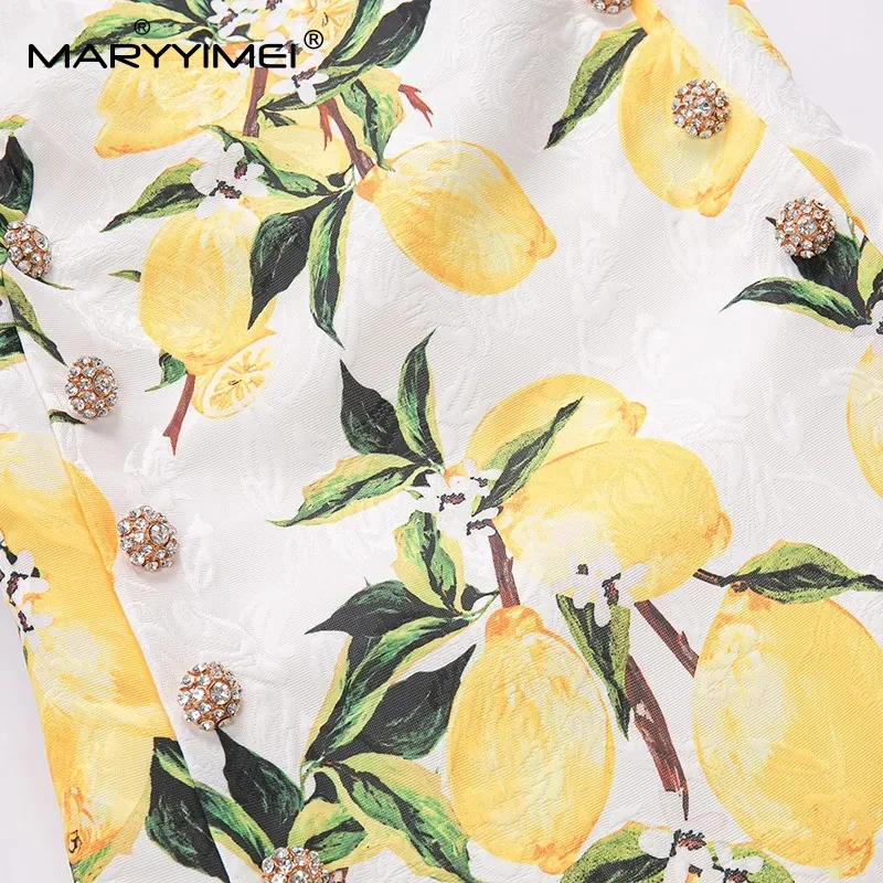 MARYYIMEI Fashion Design Summer Elegant Jacquard Short Dress Women's Sleeveless Gorgeous Beading Lemon Print Vintage Mini Dress