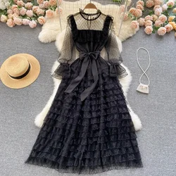 Retro Elegant Lace Ruffle Mesh Sheer O Neck Chiffon Dress A-line Long Sleeve Casual High Waist Dress Women Ceremonial Dress