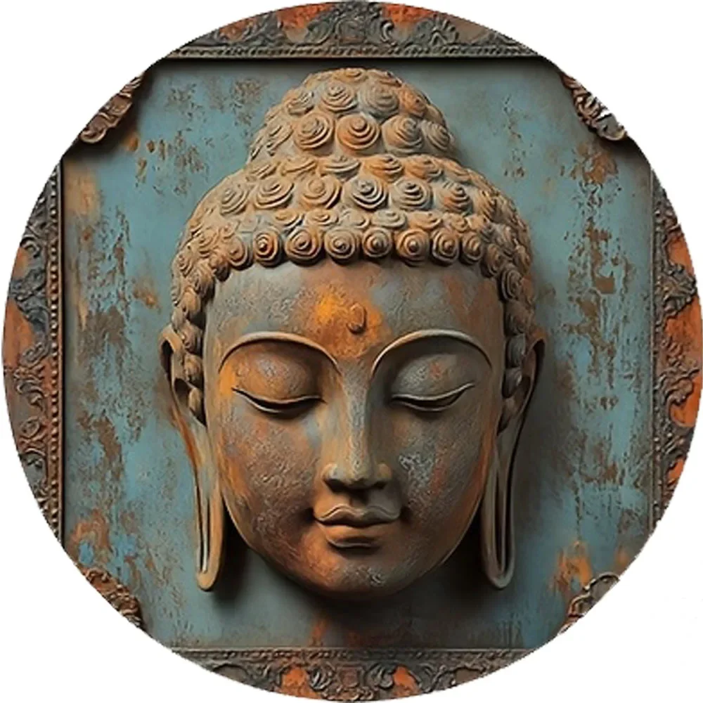 Vintage Rustic Buddha Circular Metal Wall Art - Tin Sign with Serene Design, Easy Wall-Mountable for  Room Decor