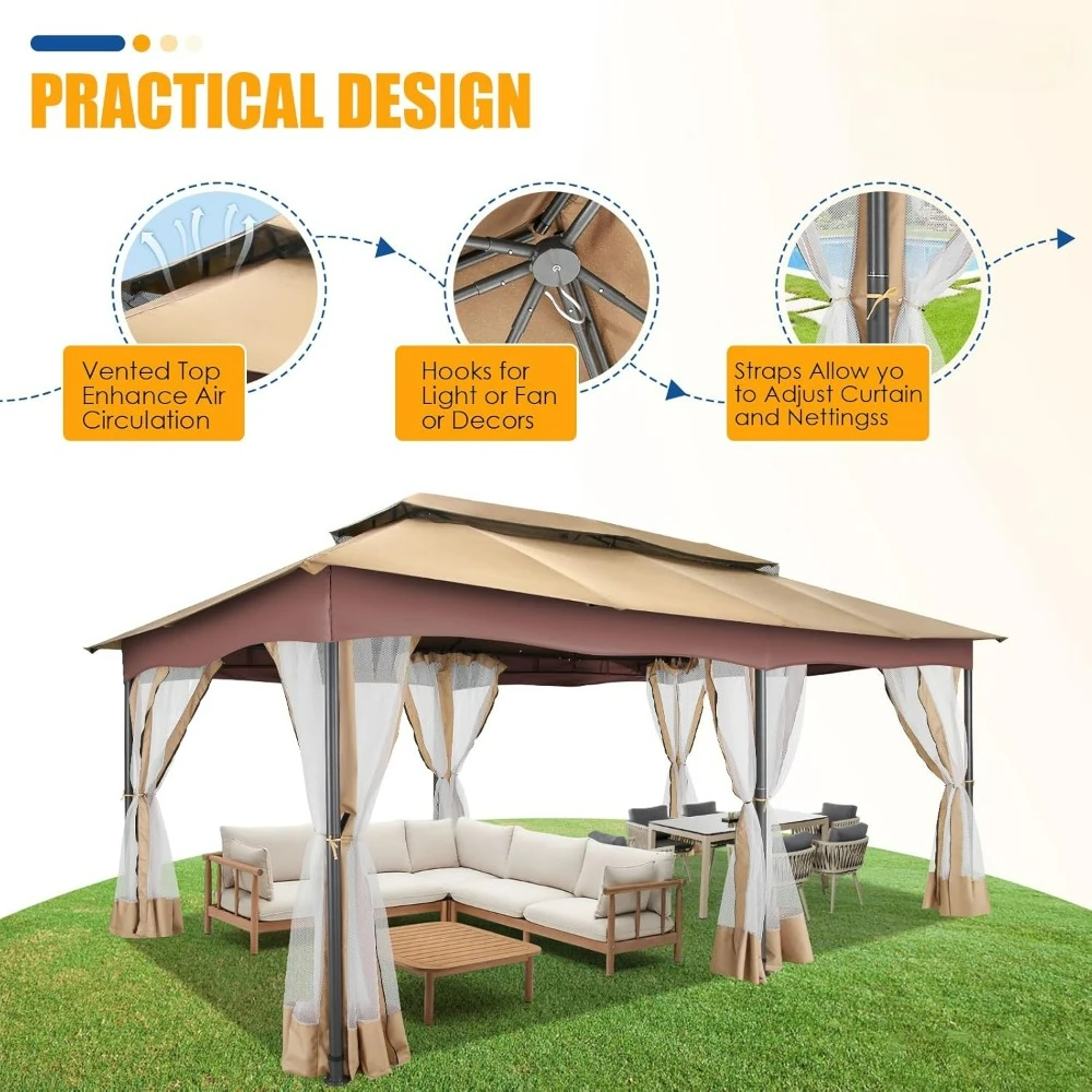 Gazebo 12x20, gazebo externo em folga com telhado plano duplo ventilado, cortinas de privacidade e mosquiteiro, barraca de dossel