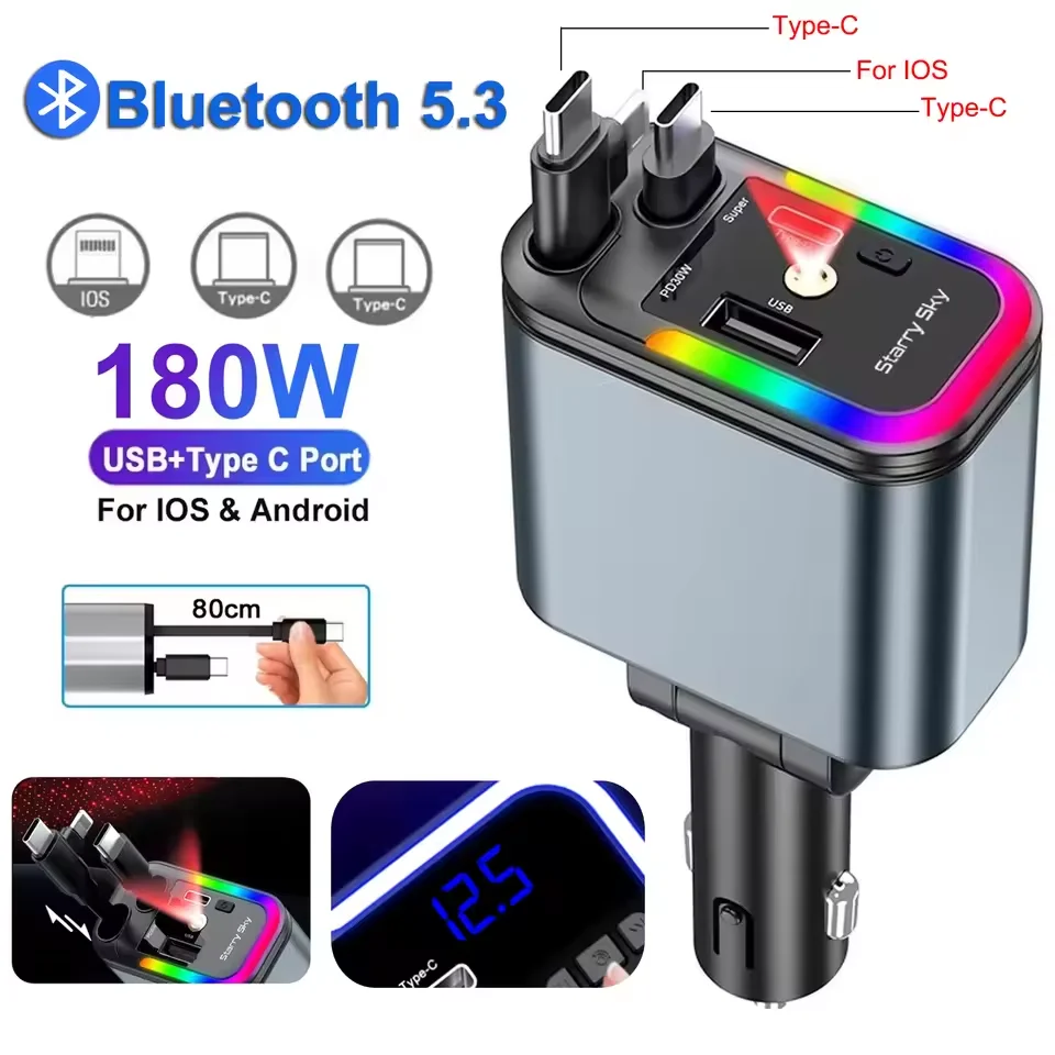 

Автомобильное зарядное устройство 180W 5-в-1 с выдвижным кабелем, PD QC 3.0, сверхбыстрая зарядка, с эффектом звездного неба, для телефонов iOS и Android