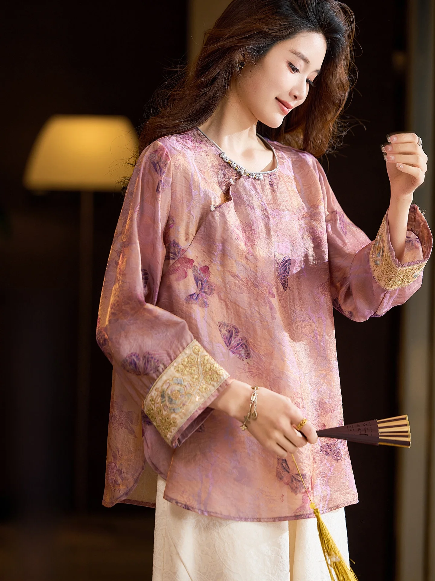 

Elegant Long Sleeve Embroidered Beaded Shirt for Women by Pure Wood Chinese Style Spring New Arrival plus Size