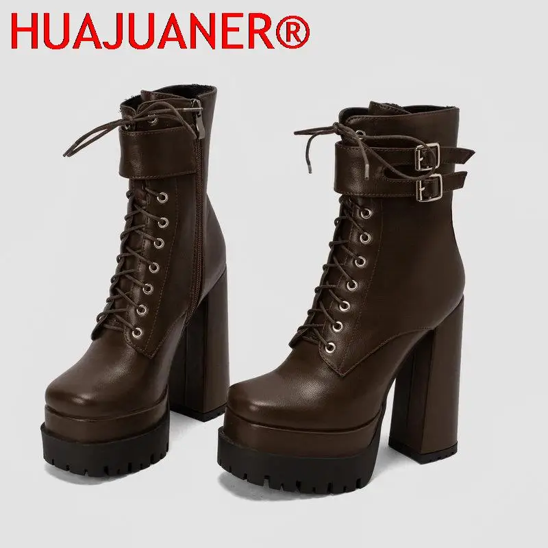 Doppel plattform Frauen Punk Stiefel Square Toe Super High Heel Stiefeletten Schnürung Reiß verschluss Motorrads tiefel Herbst Winter Damenschuhe