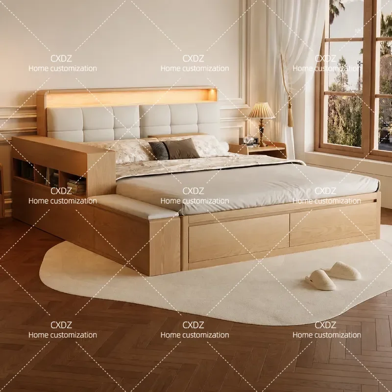 Full Solid Wood Oak Bed 1.8m Double Bed Modern Simple Master Bedroom High Box Storage Platform Bed