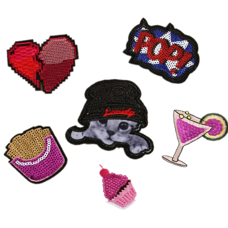 50pcs/Lot Sequin Luxury Embroidery Patch Letter Ice Cream Fries Cat Shirt Bag Clothing Decoration Accessory Craft Diy Applique