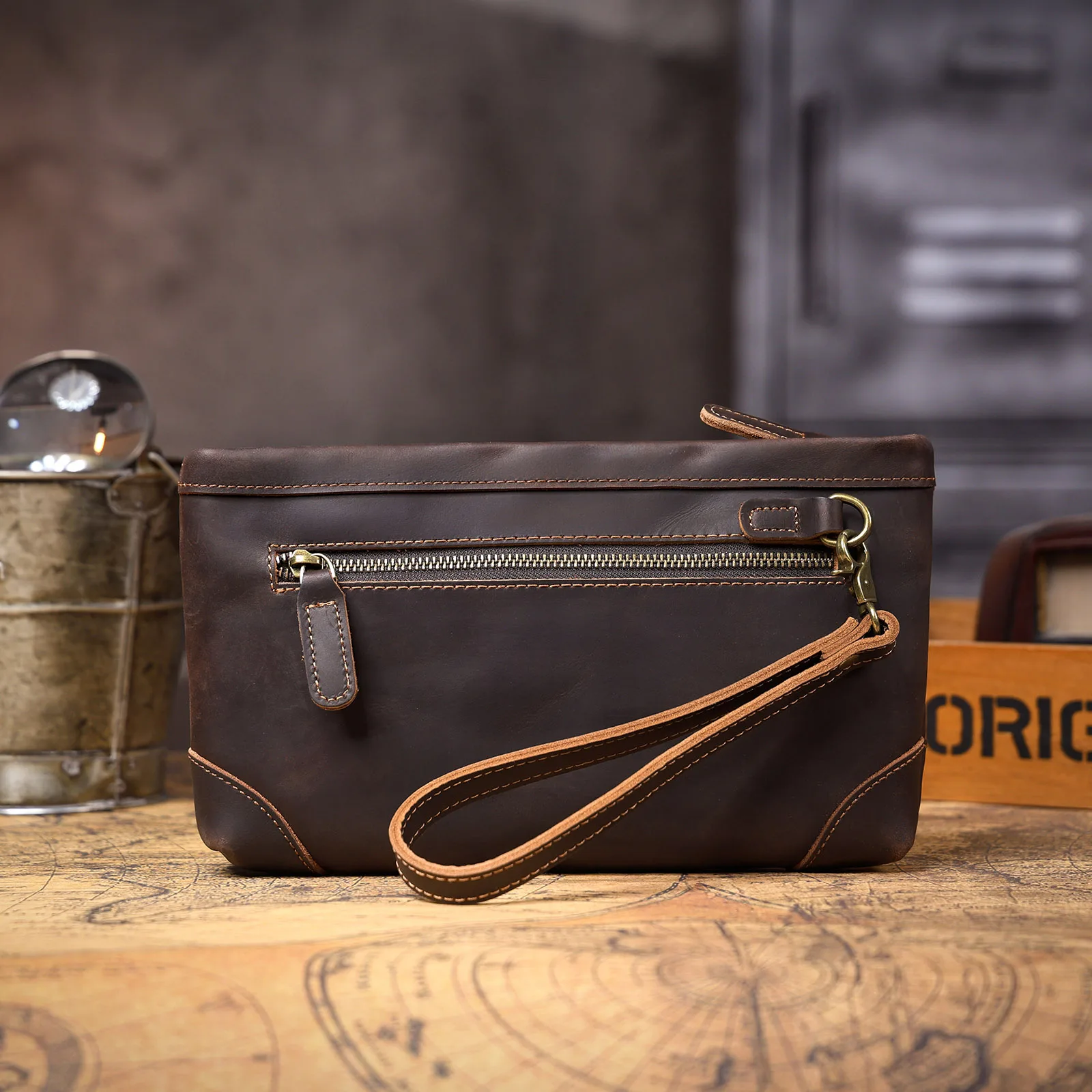 S.WORKER Vintage Echtleder Herren-Clutch-Tasche Lange Geldbörse für Männer Erstschicht-Leder-Portemonnaie Retro-Kartenhalter Handyhalter – Detail 9