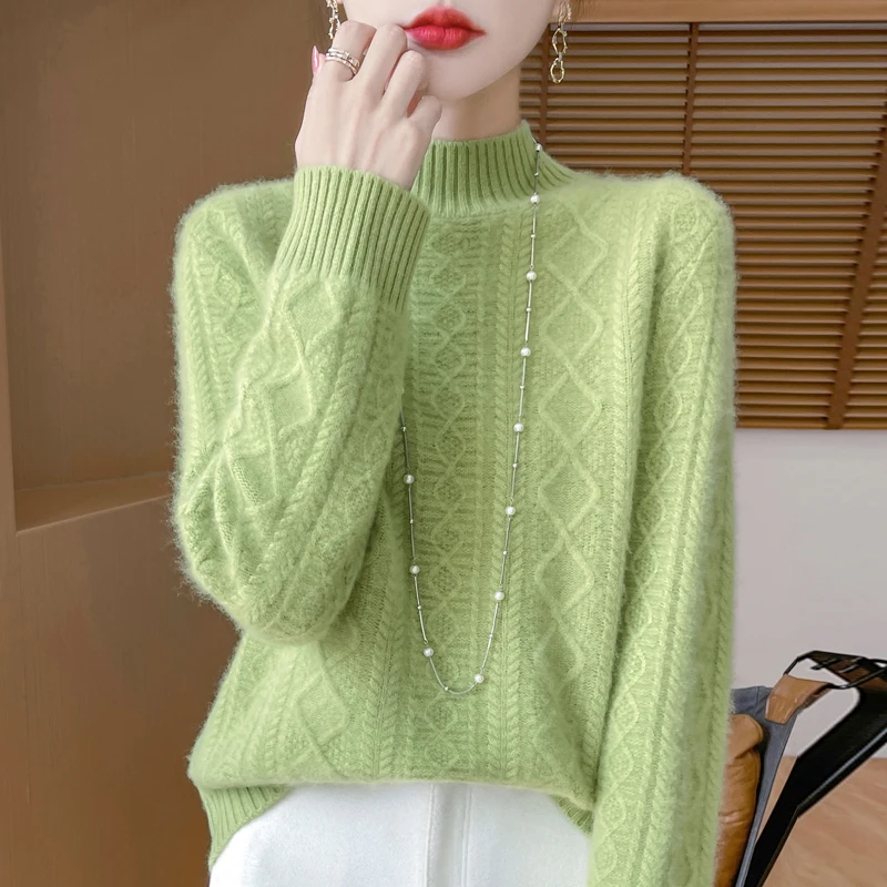 Miękki sweter z golfem z dzianiny wełny merino 100%, kaszmirowy pulower z długim rękawem, jednolity kolor, modny, ciepły, miękki damski top odzieżowy.