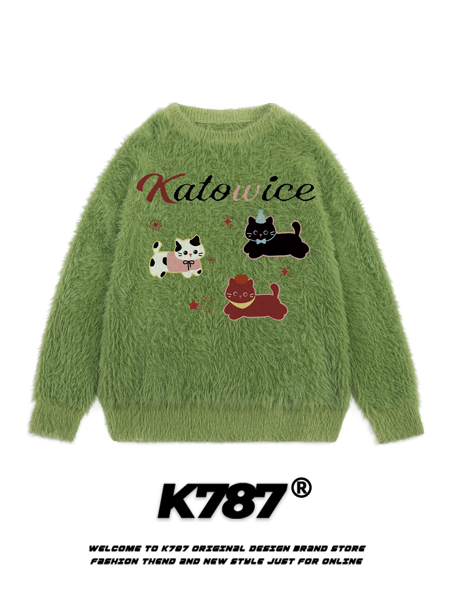 

K787 American Retro Cute round Ne Sweater Women's Avocado een Slim Soft Youthful Overhead Knitted irt Casual Sle