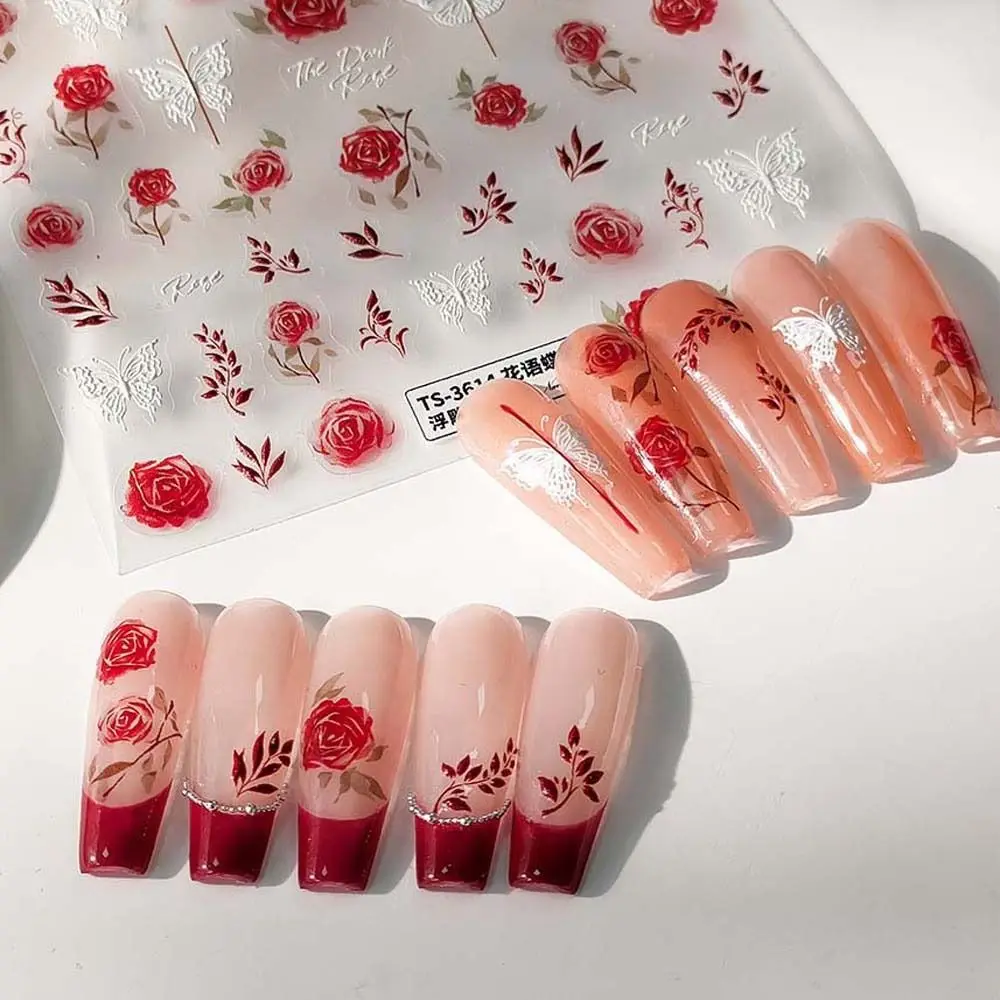 Bloemen Rose Nail Stickers Rood Zwart Wit Vlinder Rose Nagel Decoraties Nagel Accessoires Manicure Ornamenten Rose Nagel Stickers