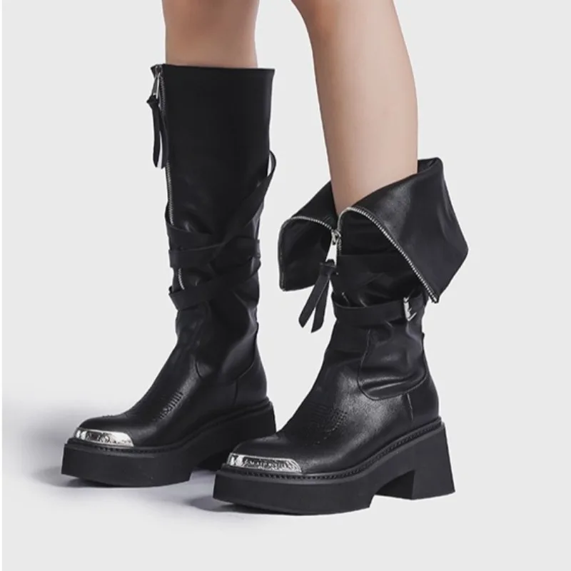 

Womans Boots Two Wear Metal Head High Tube Fashion Women Boots Trend Punk Gothic Rock Leather Knight Long Boots Motorcycle Boot