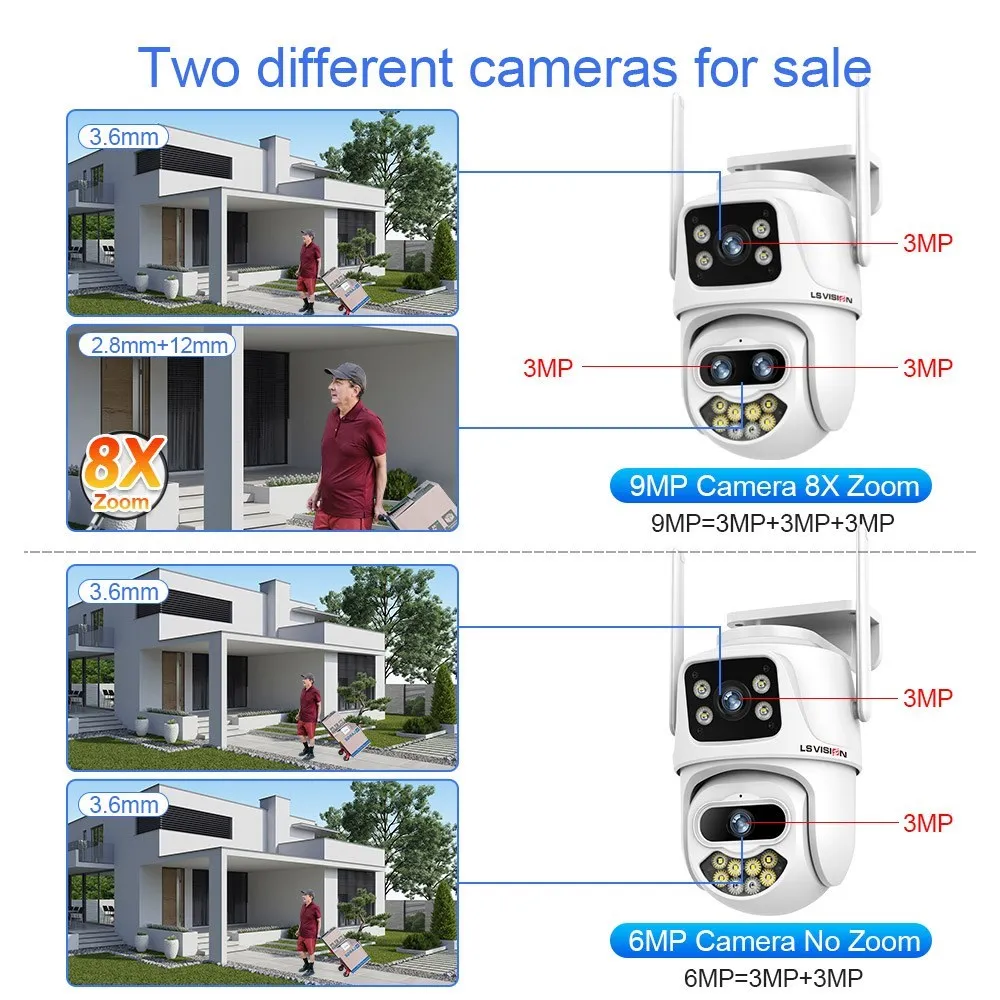 LS VISION 4K Wifi Survalance Camera Outdoor 8X Zoom  Dual Screen PTZ Camera Auto Tracking Onvif CCTV Camera ICSee App PC client 