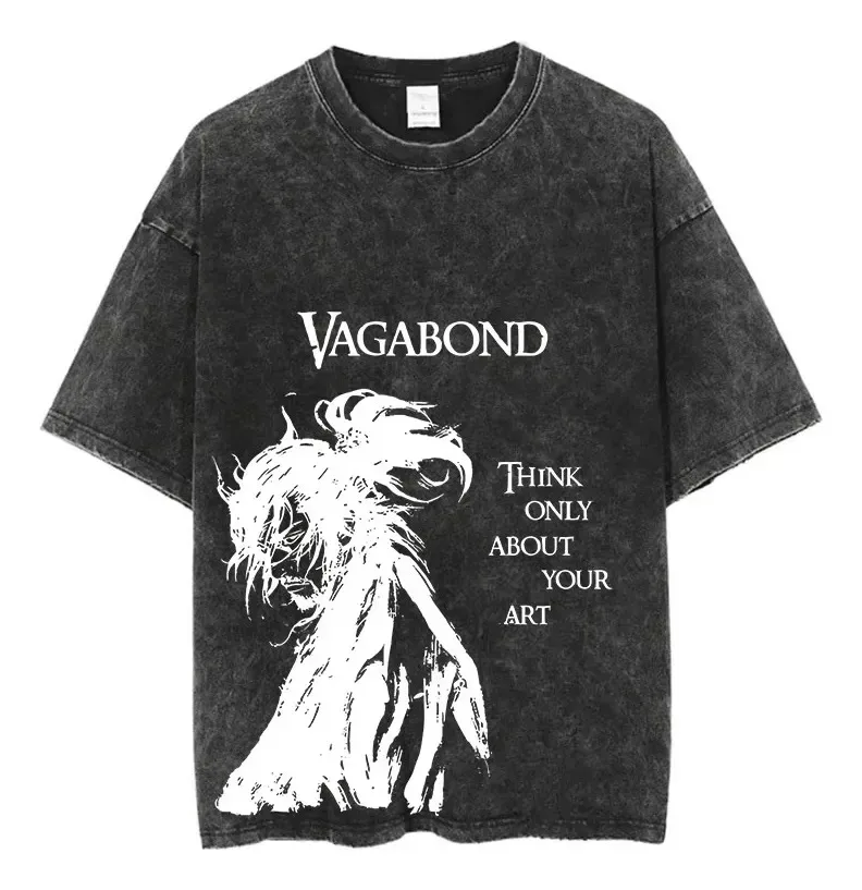 Camiseta Masculina Streetwear Anime Vagabond Estampa Vintage lavada Vintage suelta de gama alta producto caliente de lujo Unisex transpirable