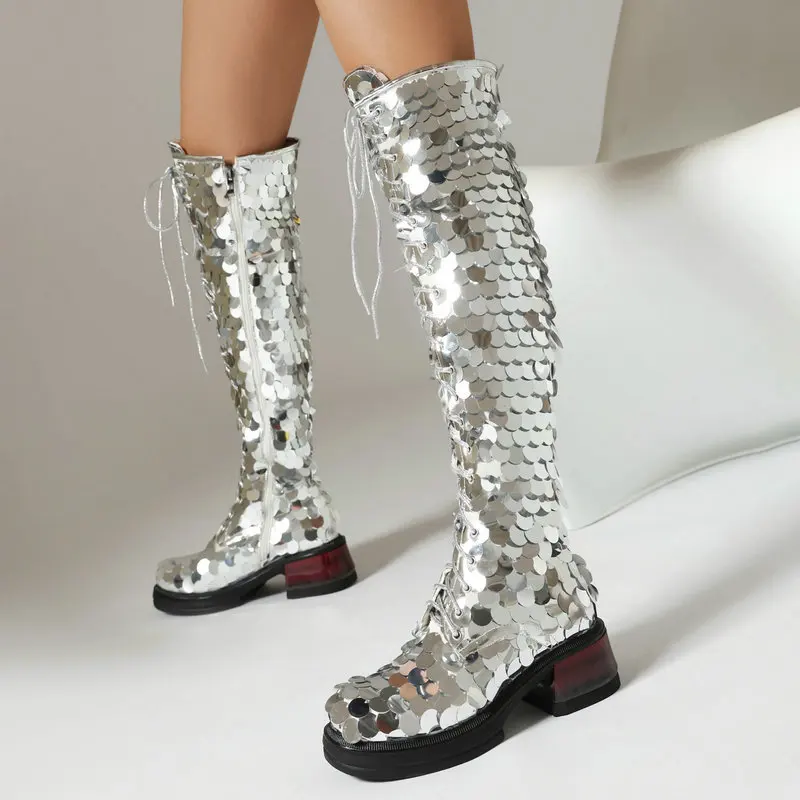 

Woman Luxury Boot Sequined Cloth Square Heel Front Lace Up Fashion Long Boots Plus Size Zip Women's Over The Knee Boots Silver