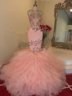 Pink Prom Dress Evening Gowns Hanging Neck Sexy Elegant Sparkling Mermaid Tulle See Through Party Dresses