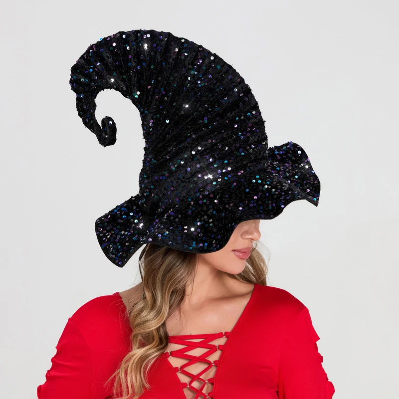 Halloween Witch Hats Men Women Sparkle Sequins Wide Brim Pointed Cap Masquerade Cosplay Party Wizard Hats Costume Accessory