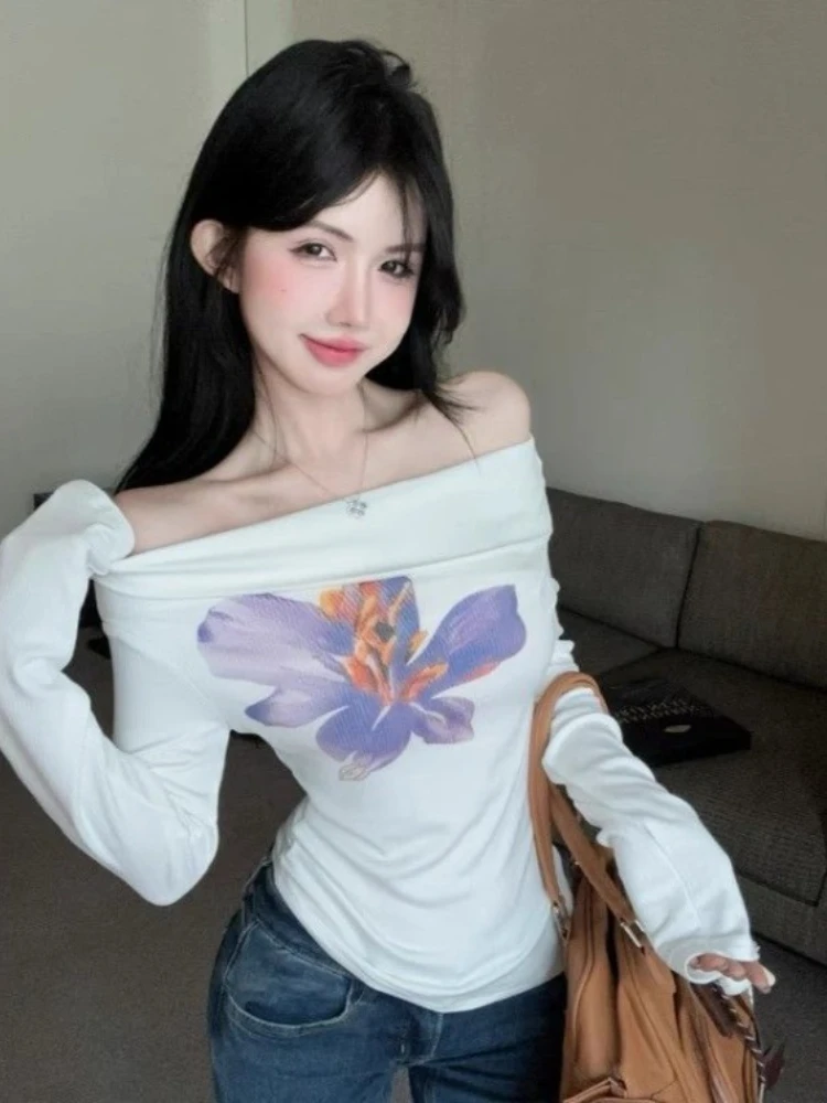 

Elegant Sweet Flower Print T-shirts Off Shoulder Long Sleeve Top for Women 2025 New Irregular Slim Fit All-match Tee Shirt