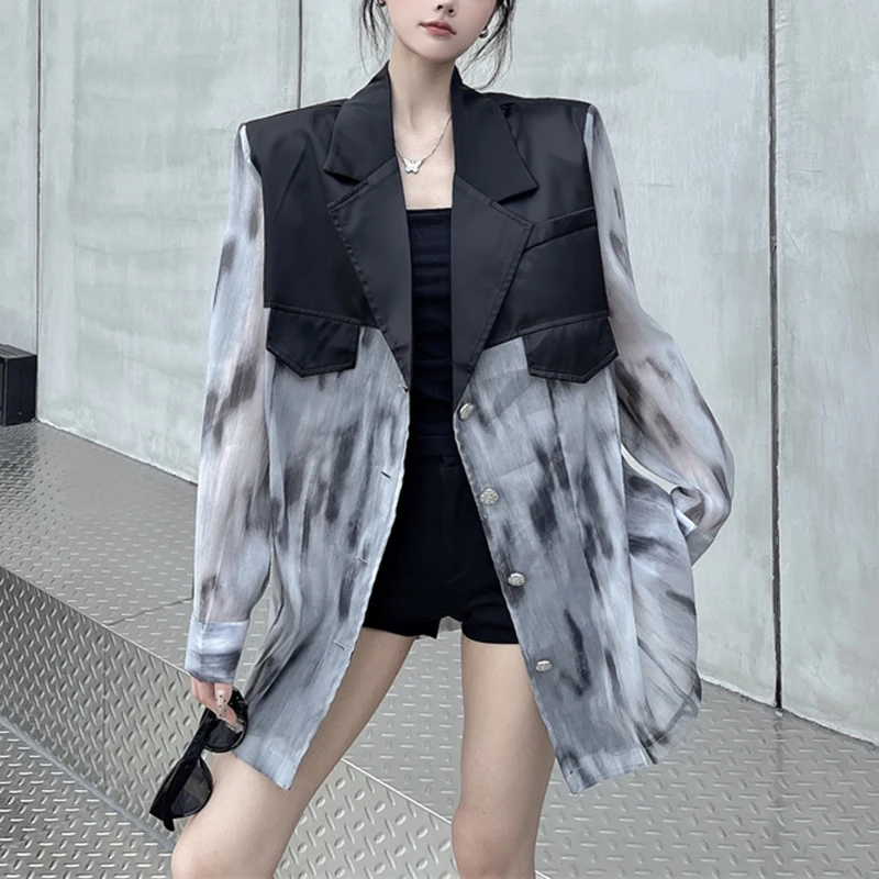 

Stylish Tie-dye Patchwork Suit Collar Jacket Women Loose Elegant Retro Coat Single-Breasted Long Sleeve Suit Jacket Blazer